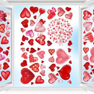 Imagem de Pacote com 9 adesivos de janela dos namorados - Adesivos de coração reutilizáveis para vidro, decorações de dia dos namorados para decoração de janela de casa e escritório