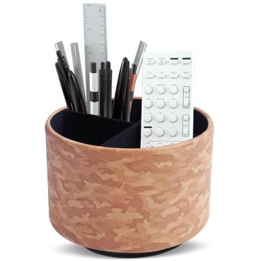 Imagem de QIELIZI Organizador de suprimentos de arte de couro redondo, suporte de controle remoto, rotação de 360 graus, suporte de lápis multifuncional, organizador de papelaria de mesa com 4 compartimentos (1