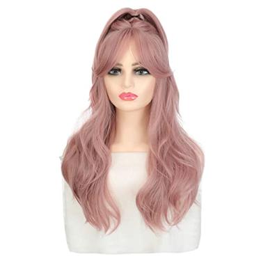 Imagem de Luxclipse Peruca de rabo de cavalo alto ondulado de 61 cm com franja para meninas e mulheres, uso diário, perucas de substituição de cabelo, perucas coloridas de aparência natural (rosa)
