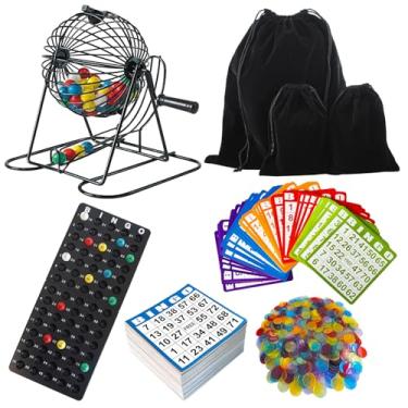 Imagem de SEETOOOGAMES Conjunto de jogo de bingo deluxe – gaiola de metal, 50 cartas de bingo, 500 folhas de papel, 500 fichas, 75 bolas, tabuleiro mestre de plástico – ótimo para grupos grandes, festas