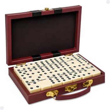 Imagem de Jogo De Dominó Profissional Clássico 28 Peças Em Osso De 8mm Pedras Grandes Com Maleta Luxo De Couro E Trava De Segurança Portátil Premium
