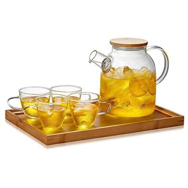 Imagem de Conjunto de chá de panela de alta temperatura com filtro de vidro espesso com flores aquecidas + xícaras + prato de bambu resistente ao calor de 1000 ml