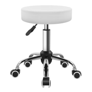 Imagem de BFTOU Banqueta giratória de couro PU com roda para salão de beleza, trabalho, casa, SPA, loja, cadeira com rodinhas ajustável em altura e econômica, pequena (branca)