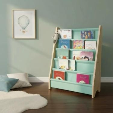 Imagem de Estante De Livro Infantil Montessoriano Madeira 5 Bolsos(G Tecido Verde)