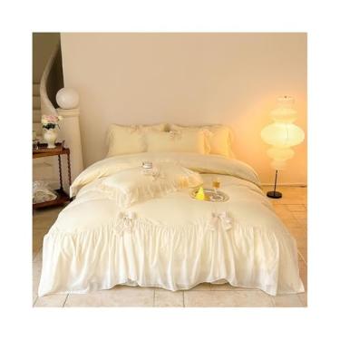 Imagem de x3anggyt5 Conjunto de cama com laço de renda estilo francês 3/4 peças macio aconchegante microfibra romântica conjunto de capa de edredom (amarelo, solteiro 150 x 200 3 peças)
