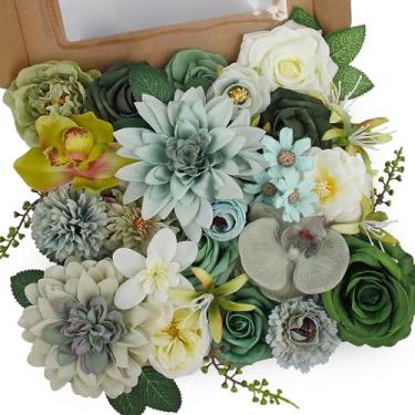 Imagem de Conjunto de flores artificiais com flores verdes, flores de seda, dália, rosas, peônias, vegetação, conjunto de caixa com hastes para buquês de casamento, chá de panela, decoração de mesa de festa