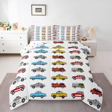 Imagem de jejeloiu Conjunto de cama de carro de corrida, macio, para meninos e meninas, ambulância, tamanho duplo, desenho animado, edredom de microfibra, decoração de quarto, 2 peças com 1 fronha