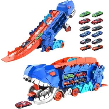 Imagem de Caminhão Carreta Dinossauro, com 4 Carrinhos, uma Pista Interativa, Azul e Laranja