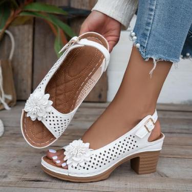 Imagem de Sandálias femininas de salto grosso de bloco baixo flores confortáveis bico aberto tira traseira vestido de festa sapatos de salto com fivela de tiras, Branco, 38