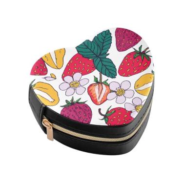 Imagem de Burbuja Caixa de joias em forma de coração com pintura de frutas, mini estojo de viagem para mulheres e meninas, organizador portátil de armazenamento para brincos, anéis, colares e pulseiras