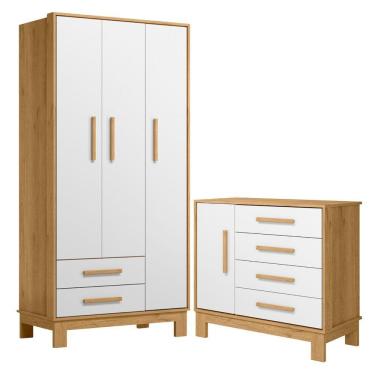 Imagem de Roupeiro Com 3 Portas E Cômoda Malta Freijó Branco Acetinado