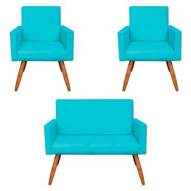 Imagem de Kit 2 Poltronas e Namoradeira Nina Suede Azul Turquesa