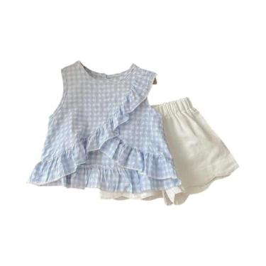 Imagem de Conjunto De Verão Para Meninas De 2 a 6 Anos, Top Com Babados Em Xadre