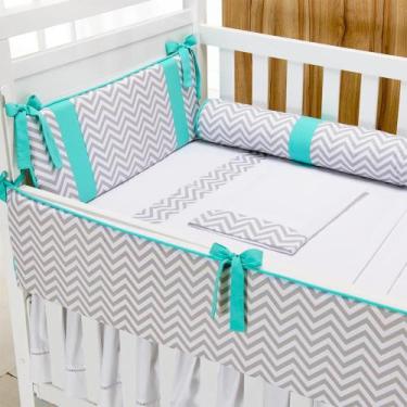 Imagem de Kit Berço Contemporâneo Chevron Cinza E Tiffany - 06 Peças - Tropical 