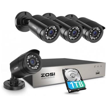 Imagem de Sistema de Câmera de Segurança com 8 Canais, 1TB, 5MP, Video DVR, 4 Câmeras, ZOSI, Preto