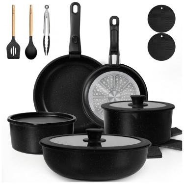 Imagem de Jogo de Panelas e Frigideiras Antiaderentes, Material em Alumínio e Granito com 20 Peças, Cabo Removível e Utensílios de Cozinha, Kikcoin