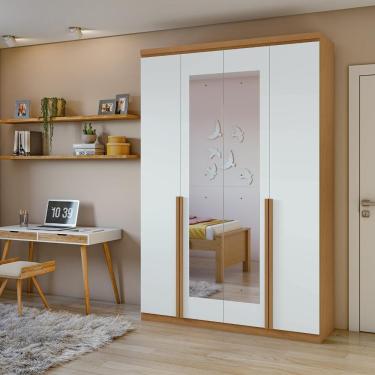 Imagem de Guarda-roupa Solteiro Alonzo 4 Portas 2 Gavetas Com Espelho Amêndoa Clean/branco Lopas