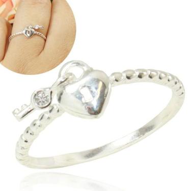 Imagem de Anel Feminino Coração Pingente Chave Prata Legitima - Lojas La&Ny Prat