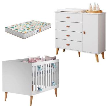 Imagem de Berço Americano Ludmila com Cômoda Infantil Duda Branco Acetinado Bétula e Colchão Gazin - Carolina