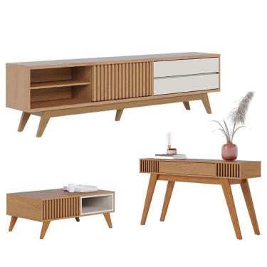 Imagem de Rack Bancada Veneza com Mesa de Centro Jeri Freijó Off White Matte e Aparador Riviera Freijó - Colibri