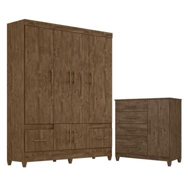 Imagem de Guarda Roupa Casal MS912 e Cômoda Vênus com pés Castanho Wood – Moval