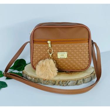 Imagem de Bolsa Feminina OEM Alça Transversal Tira Colo Estampa Moderna com Pompom 19x23x9 cm Caramelo