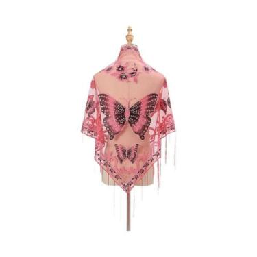 Imagem de Lenço Elegante Feminino Com Estampa De Borboleta E Renda, Cachecol De 