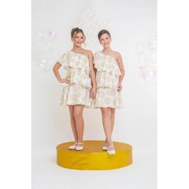 Imagem de Vestido Infantil Menina Festa Detalhes Circulos Dourado Ombro Único - 