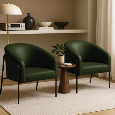 Imagem de Poltrona Sala Decorativa Kit 2 Stella Base Alta Tubo Preto Sintético PU D03 - D`Rossi