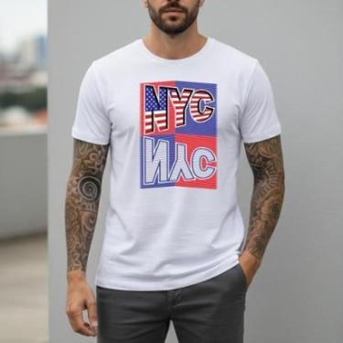 Imagem de Camiseta Masculina Bandeira Americana Algodão Slim Fit Camisa NYC Streetwear Urbana Cas...