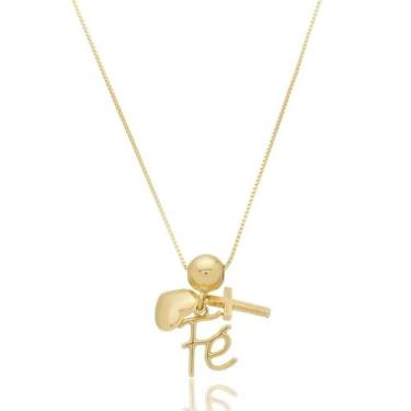 Imagem de Colar De Prata Religioso - Fé, Cruz E Coração-Banhado A Ouro 18k - Di 
