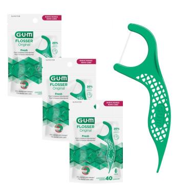 Imagem de Kit Fio Dental com Haste Flosser Gum Forquilha Verde Resistente Sabor Menta 3 Pacotes 120 Unidades