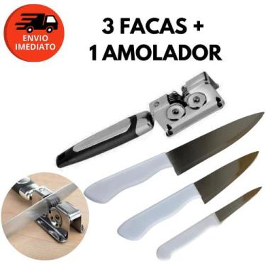 Imagem de Kit Jogo Faca Profissional Cabo Branco e Amolador Afiador Facas Tesour