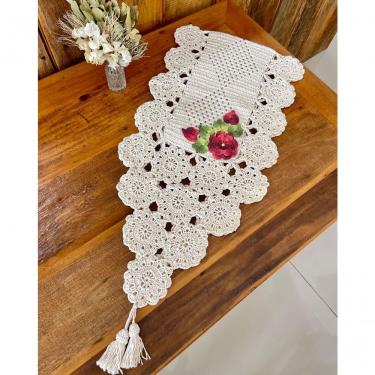 Imagem de Caminho de Mesa Crochê Artesanal com Flores em Barbante de Algodão 1,65MX45CM Vermelho Queimado