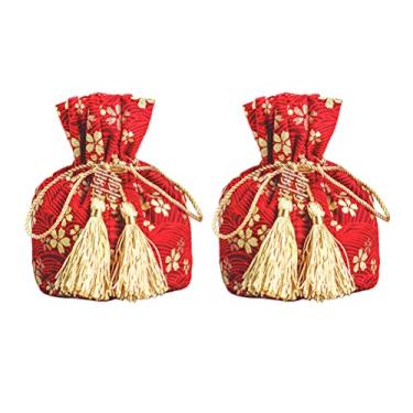 Imagem de LUOZZY 2 pçs cordões pequenos sacos de presente estilo chinês bolsas de joias para lembrancinhas de casamento, doces lembrancinhas de festa - vermelho