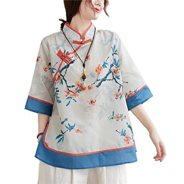 Imagem de Yajun Blusa feminina Cheongsam estilo tradicional chinês top macio algodão linho camisetas soltas vintage fivela hanfu tang, azul, G (busto: 108cm)