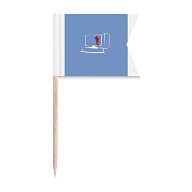 Imagem de Caixa de computador com teclado girafa e palito de dentes, marcadores de rotulagem para bolo de festa, prato de queijo