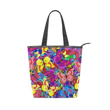 Imagem de Bolsa feminina de lona durável abstrata borboleta colorida grande capacidade sacola de compras bolsa de ombro