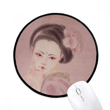 Imagem de Mouse pad de pintura de beleza tradicional chinesa rosa tapete redondo para escritório para computador