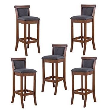 Imagem de Kit 5 Banquetas Alta Estofada Encosto Mônaco 36x100Cm Madeira Maciça Imbuia Linho Cinza L67 - RMI