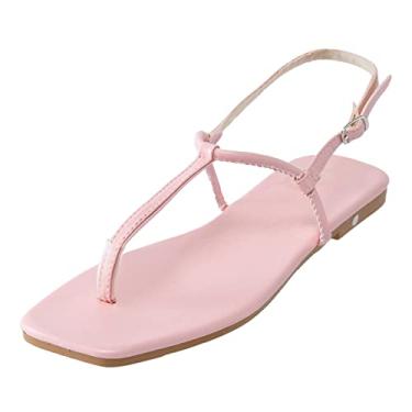 Imagem de Sandálias confortáveis para mulheres elegantes moda verão couro cor sólida flip flop fivela sandálias romanas planas (rosa, 9)