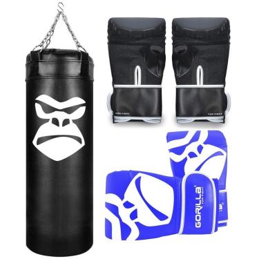 Imagem de Saco De Pancada Boxe Treino Profissional 90 Cm + Luva Bate Saco Pro Adulto + Luva Infantil Gorilla-Unissex