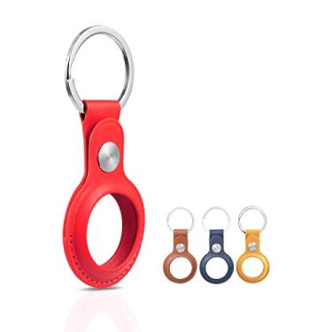 Imagem de Wasserstein Porta-chaves de couro PU compatível com Apple AirTag - chaveiro e capa protetora para GPS Tracker (pacote com 4, amarelo/marrom/azul/vermelho)