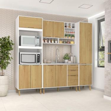 Imagem de Cozinha Modulada Completa sem Tampo 4 Peças 9 Portas 3 Gavetas Branco/Wood
