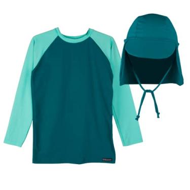 Imagem de Blusa Camiseta manga longa proteção solar UV 50 com Boné Kit Praia Menino Menina (Verde, 4-5 anos)