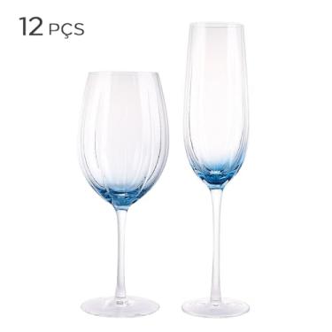 Imagem de Conjunto Taça de Vidro para Vinho e Champagne Azul 12PÇS