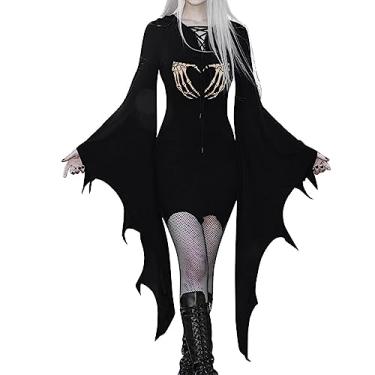 Imagem de Vestido gótico feminino de manga comprida com estampa de Dia das Bruxas Vestidos de verão, Bege, 3G