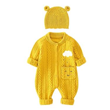 Imagem de Macacão infantil de malha de algodão de manga comprida para meninos e meninas roupas de bebê macacão de urso chapéu de orelha, Amarelo, 3-6 Meses