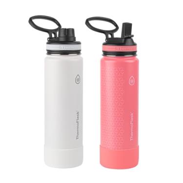 Imagem de ThermoFlask Garrafa de 680 g com bico e tampa de canudo - aço inoxidável, isolamento de parede dupla e livre de BPA - à prova de vazamento, reutilizável - branco/coral (pacote com 2)