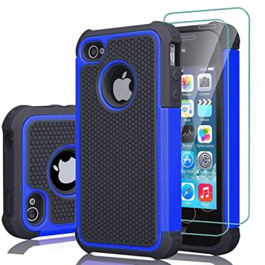 Imagem de Capa para iPhone 4, capa para iPhone 4S com película protetora de tela de vidro temperado, proteção à prova de choque, camada dupla, híbrida, TPU (poliuretano termoplástico), capa robusta para Apple iPhone 4S/iPhone 4 - azul